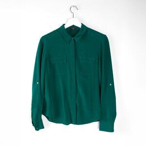 ANN TAYLOR 100% Silk Blouse Long Sleeve Button Front Emerald Green 6